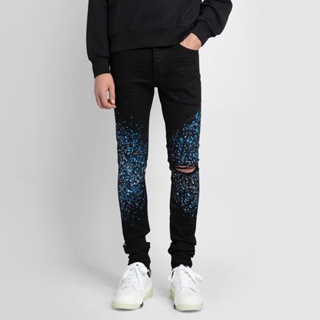 amiri  Street style กางเกงขายาวสีดำ ทรงสลิม กางเกงยีนส์ขาด ผู้ชาย ลาย starry sky ลายกราฟฟิตี้