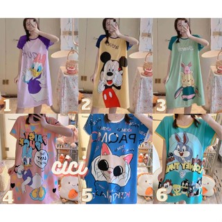 Cici ❣🇹🇭🚚พร้อมส่ง❣  (5060)ชุดนอนเดรสกระโปรง  ลายการ์ตูน เนื้อผ้านิ่ม ใส่สบาย ใส่นอนดี