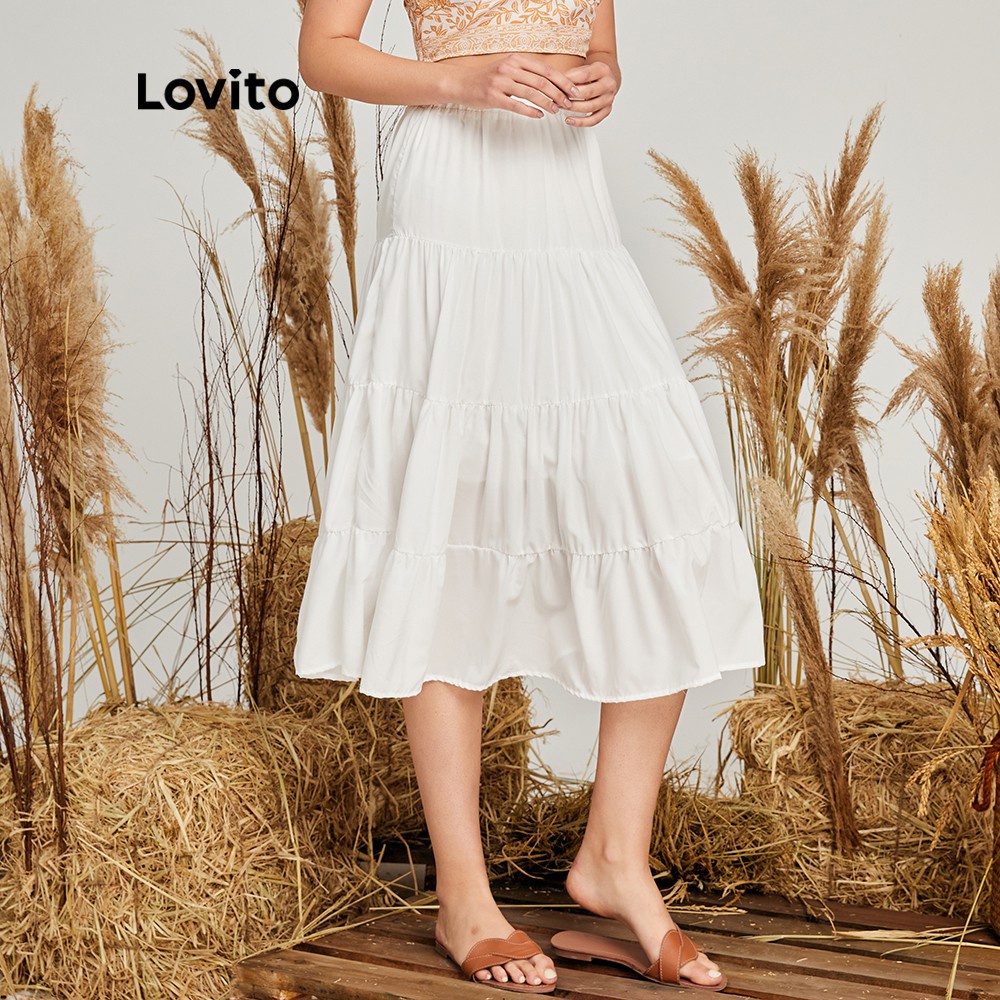 ภาพสินค้าLovito กระโปรง แต่งดีเทลย่น เบสิค แบบเรียบ สไตล์ลำลอง L14X040 (สีขาว) จากร้าน lovito.th บน Shopee ภาพที่ 4