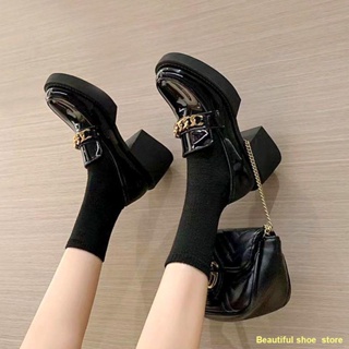 พร้อมส่ง#🍂รองเท้าโลฟเฟอร์โซ่หนา รองเท้าหนังส้นสูงผู้หญิง รองเท้ากันลื่นผู้หญิง