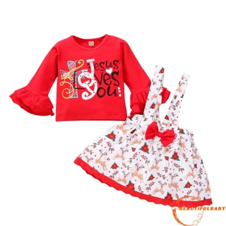 Beauty-2Pcs Toddler Christmas Outfits, Letters O-Neck Flare Sleeves T-Shirt + Reindeer Suspenders Skirt for Girls, 1-4 Years