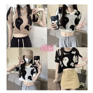 CICI🍓พร้อมส่ง🍍(86043)เสื้อไหมพรมแขนสั้นคอกลม ทอลายหยดน้ำโทนสีสวยมากดูดีทรงสวยจับแมทซ์ลุคก็ปัง