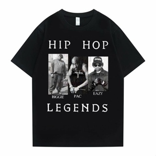 เสื้อคู่วินเทจ ตํานานฮิปฮอป Tshirt Tupac 2Pac Biggie Eazy กราฟิกพิมพ์เสื้อยืดแขนสั้นผู้ชายผู้หญิงฮิปฮอปขนาดใหญ่ฮาราจูกุ