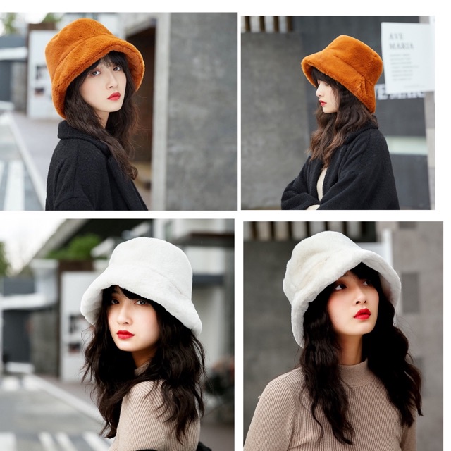 hat-l-หมวกทรงบัคเก็ต-กันหนาว-ขนเทียมนุ่มอุ่น
