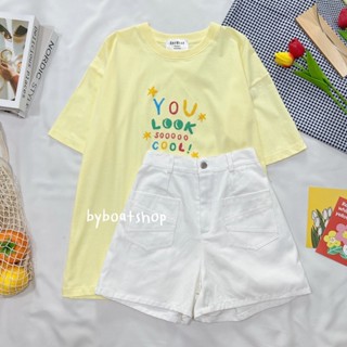 พร้อมส่ง เสื้อยืดoversize ลาย you look so cool (เหลือง) + กางเกงขาสั้นทรงลุง (ขาว)