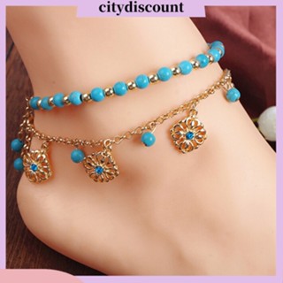 &lt;citydiscount&gt;  สร้อยข้อเท้า สร้อยข้อเท้าโซ่ สองชั้น ประดับพลอยเทียม ดอกไม้ สีเขียวขุ่น สไตล์โบโฮ