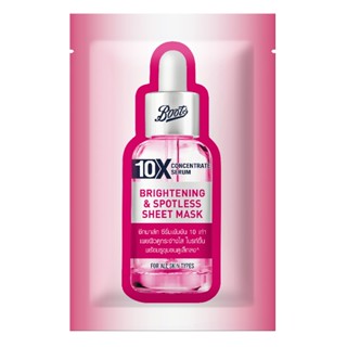 Boots 10X Concentrate Serum Brightening &amp; Spotless Sheet Mask 25ML บู๊ทส์ 10เอ็กซ์ คอนเซ็นเทรท ซีรั่ม ไบรท์เทนนิ่ง แอนด์ สปอตเลส ชีท มาส์ก 25มล.