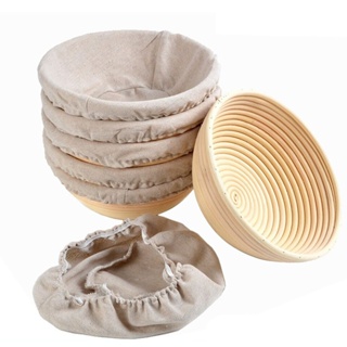 (Round L ) Banneton /Ferment Basket ตะกร้าหวายพร้อมผ้ารองสำหรับพรูฟขนมปัง กลม L 22x 8 cm. (12-7176)