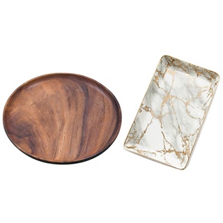 Round Solid Wood Board Whole Acacia Wood Fruit Plate Wooden &amp;amp; Gold Marbled Ceramic Dessert Steak Salad Snack Cake 00