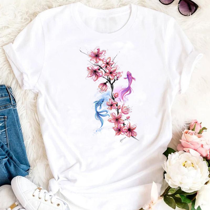 เสื้อทหาร-แขนสั้นสีน้ําน่ารักดอกไม้แฟชั่นฤดูร้อนผู้หญิงพิมพ์เสื้อยืดผู้หญิงลําลองด้านบน-tshirts-การ์ตูนกราฟิกทีที