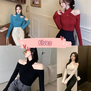 Elves✨พร้อมส่ง✨ เสื้อไหมพรมเปิดไหล่ กันฟยาวแขนยาว แฟชั่น ดีเทลคล้องคอเก๋ๆ ~U037~