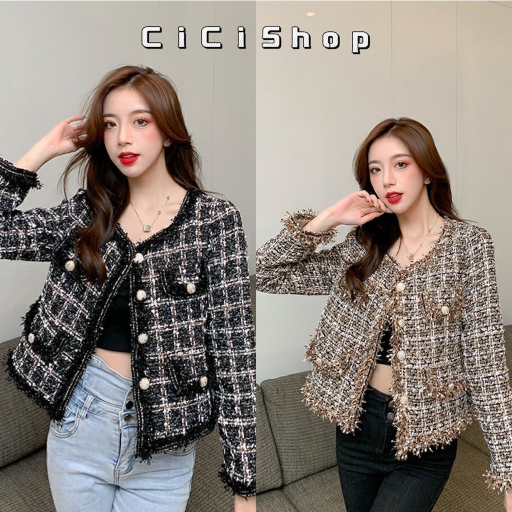 cicishop-l507-เสื้อแขนยาวผ้าทวิด-กระดุมหน้า-กิมมิคขนฟู่-ใส่แล้วเป็นคุณนายไฮโซ-โก้เก๋