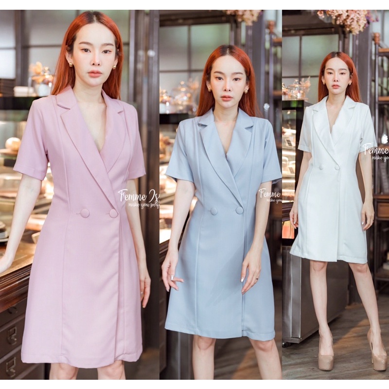 m6-มี7สี-s-m-dress-เดรส-เดรสสั้น-เดรสสูท-เดรสทรงสูท-เดรสเบลเซอร์-ชุดทำงาน-เดรสออกงาน-เดรสสูทแฟชั่น-femme