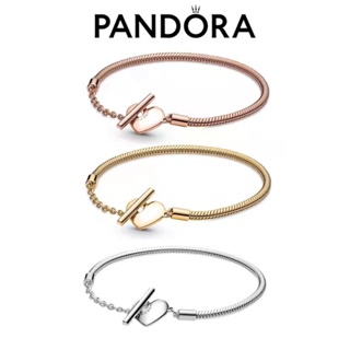 สินค้า [พร้อมส่งทีไทย]Pandora แท้ เงิน925 14K สร้อยข้อมือ กำไล Heart T-Button Snake Bone Chain Bracelet ของแท้ 100%