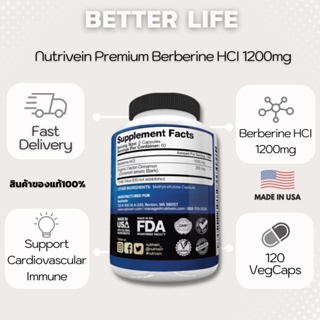 ภาพขนาดย่อของภาพหน้าปกสินค้าช่วยลดน้ำตาลในเลือด ** Nutrivein Premium Berberine HCI 1200mg Plus Organic Ceylon Cinnamon , 120 Capsules (No.859) จากร้าน better_life_thailand บน Shopee ภาพที่ 1