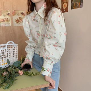 เสื้อเชิ้ตแขนยาว แขนพัฟ ลายดอกไม้ แฟชั่นฤดูใบไม้ร่วง สําหรับผู้หญิง