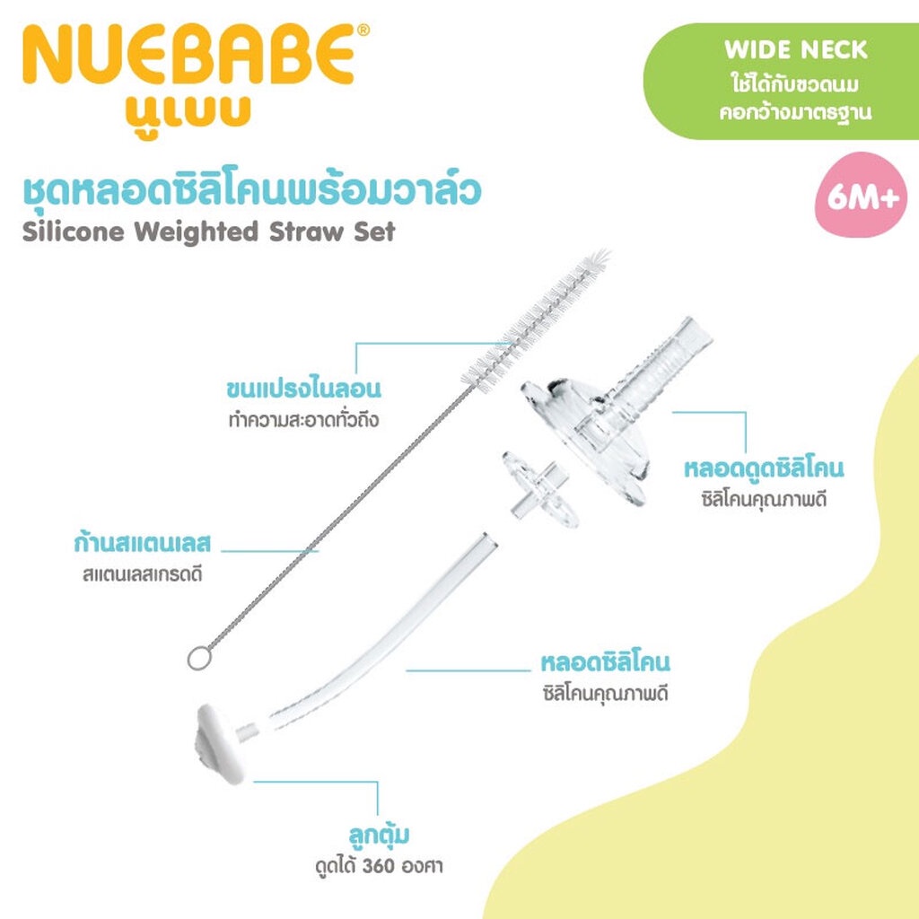 nuebabe-ชุดหลอดซิลิโคนพร้อมวาล์ว-ใช้ได้กับขวดนมคอกว้างมาตรฐาน