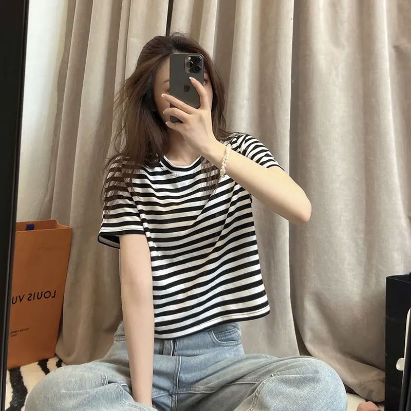 เสื้อยืดแขนสั้น-ผ้าฝ้าย-ลายทาง-สีตัดกัน-สําหรับผู้หญิง