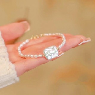 ขายดี สร้อยข้อมือมุกน้ําจืดธรรมชาติ ทรงสี่เหลี่ยม เครื่องประดับ สําหรับผู้หญิง