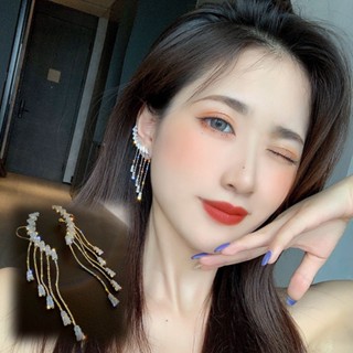 ต่างหูแบบติดหู ห้อยพู่ยาว รูปกระดูก สไตล์เกาหลี