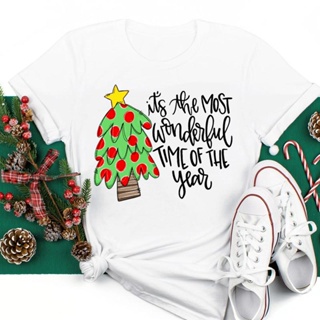 เสื้อคนอ้วนผญ Camisetas estampadas de Feliz Navidad y Año Nuevo para mujer, blusa con estampado de árbol de dibujos anim