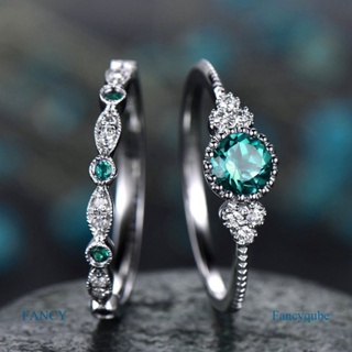 Fancy แหวนหมั้นแต่งงาน หินคริสตัล สีเขียว สีฟ้า หรูหรา สีเงิน สําหรับผู้หญิง 2 ชิ้น ต่อชุด