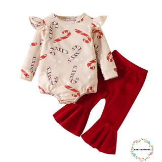 Babyclothes- ชุดรอมเปอร์แขนยาว พิมพ์ลายคริสต์มาส และกางเกงขาบาน ผ้ากํามะหยี่ สีพื้น สําหรับเด็กผู้หญิง 2 ชิ้น