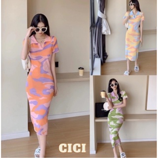 Cici ❣🇹🇭🚚พร้อมส่ง❣(2958)เดรสยาวไหมพรมknitทอลาย เนื้อผ้าทอสลับสี สไตล์สาวคาเฟ่