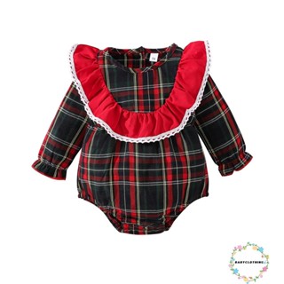 Babyclothes- ชุดรอมเปอร์ จั๊มสูท รอมเปอร์ แขนยาว คอกลม แต่งขอบลูกไม้ ลายสก๊อต คริสต์มาส สําหรับเด็กผู้หญิง