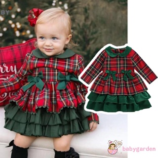 Babygarden- ชุดเดรสแขนยาว คอตุ๊กตา ประดับโบว์ ลายสก๊อต คริสต์มาส สําหรับเด็กผู้หญิง 1-6 ปี