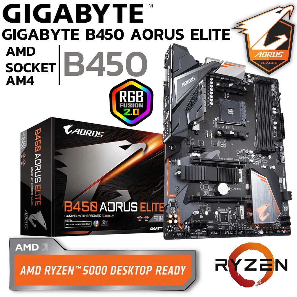 MAINBOARD (เมนบอร์ด) AM4 GIGABYTE AORUS B450 DDR4 Support 5000 Series