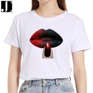 เสื้อยืดน่ารักๆ ผู้หญิงกราฟิกแฟชั่นเสื้อยืดฤดูร้อน 100% ผ้าฝ้ายปกติแขนสั้นริมฝีปากและเล็บพิมพ์ผู้หญิงลําลองวินเทจโอคอ Te