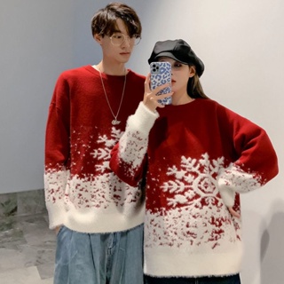 เสื้อกันหนาว แบบหนา ทรงหลวม ลายคริสต์มาส สีแดง สไตล์เกาหลี สําหรับผู้ชาย และคู่รัก