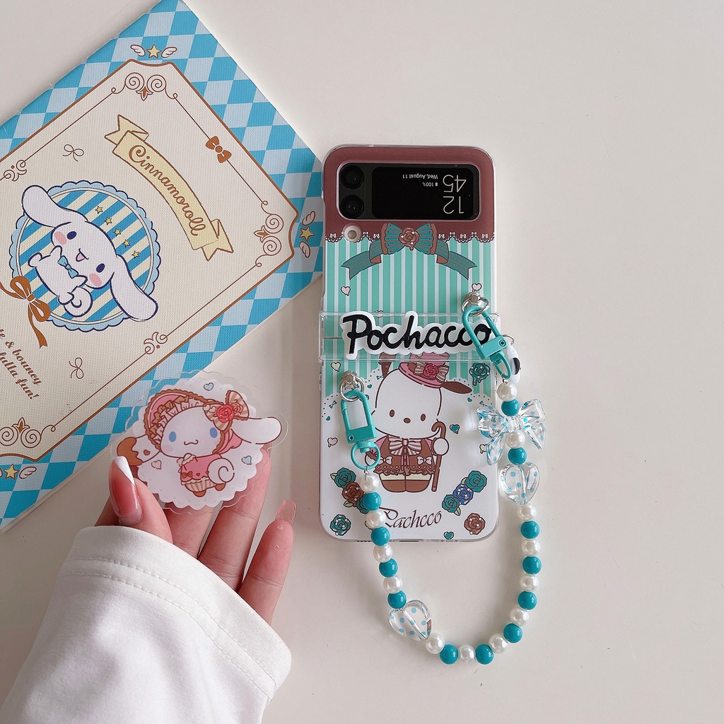 เคสโทรศัพท์มือถือ-pc-แข็ง-แบบใส-กันกระแทก-ลายการ์ตูน-pochacco-cinnamoroll-พร้อมสายคล้อง-สําหรับ-samsung-galaxy-z-flip-3-5g-3in1-z-flip-4