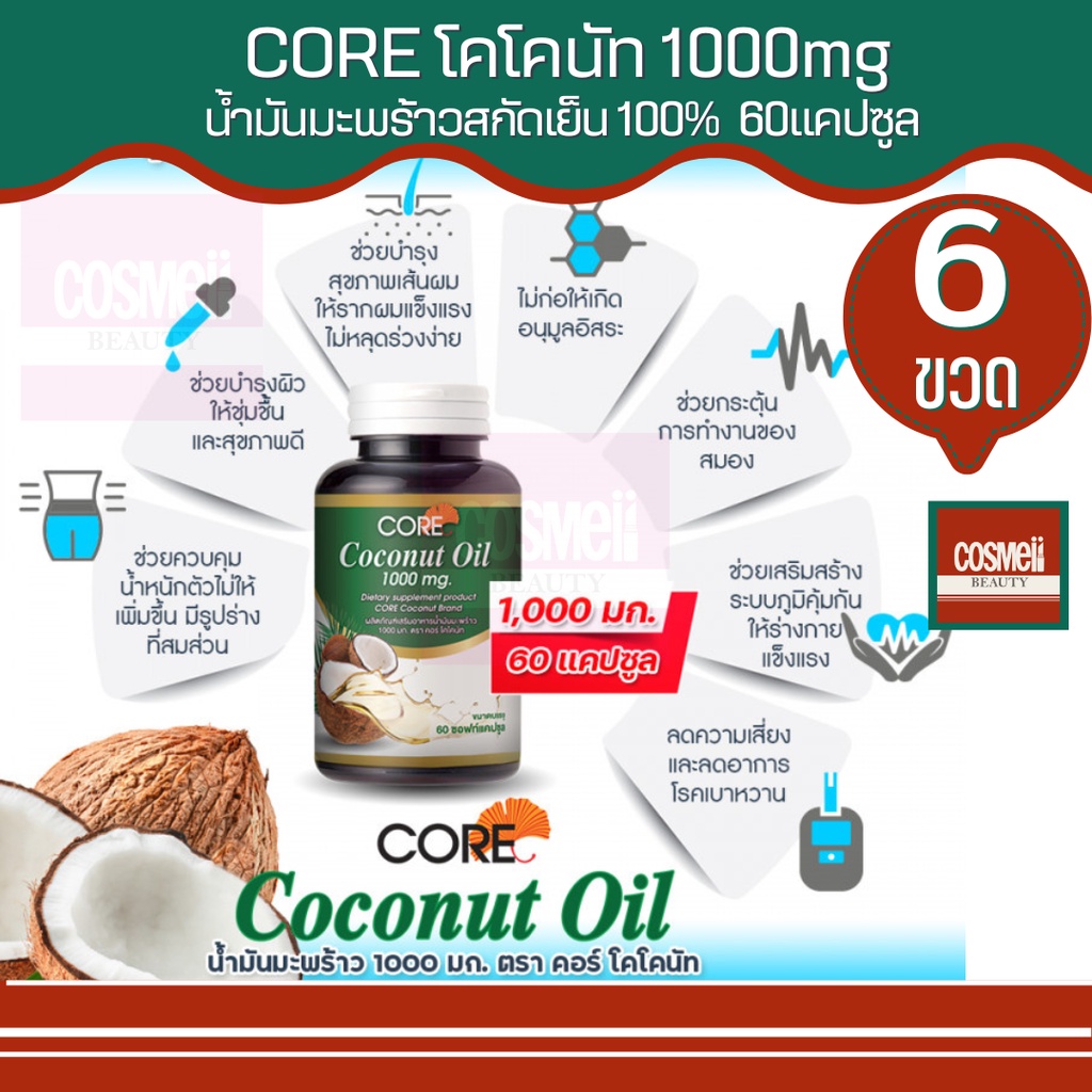core-coconut-oil-คอร์-โคโคนัท-ออย-1000มก-ซอฟเจล-น้ำมันมะพร้าวสกัดเย็น-แคปซูล-น้ำมันมพะร้าว-เม็ด-ทานได้-กิน-กินได้-6ขวด