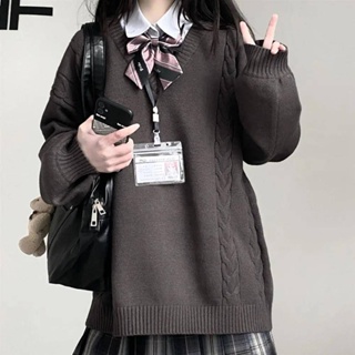 เสื้อสเวตเตอร์คอวีแขนยาวลาย jk หวานสไตล์ญี่ปุ่นเสื้อสเวตเตอร์ทรงหลวมสไตล์เกาหลีสำหรับนักเรียนหญิงแบบยาวปานกลาง