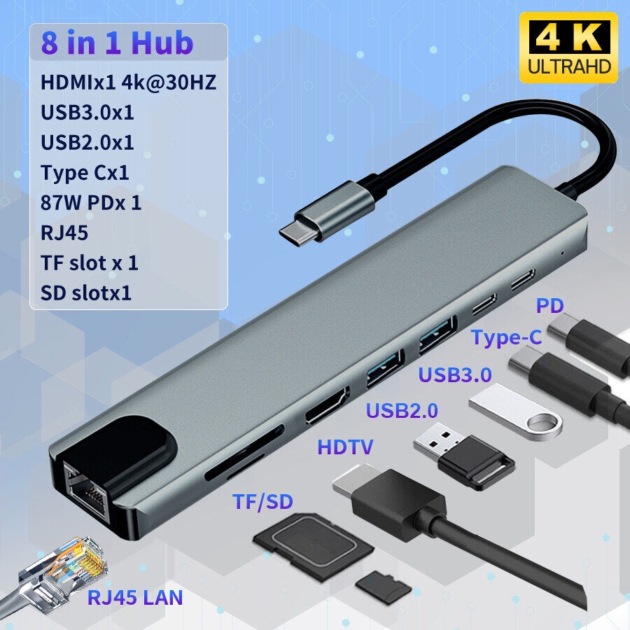 8in1-usbอะแดปเตอร์ฮับ-type-c-ความเร็วสูง-8-พอร์ตฮับ-usb-3-0-type-c-hub-adapter-usb-hubs-amp-card-readers
