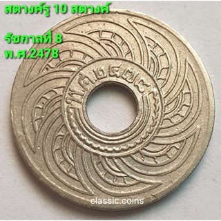 เหรียญสตางค์รู 10 สตางค์ ตราอนุโลม-พระแสงจักร รัชกาลที่ 8 พ.ศ.2478 เนื้อนิเกิ้ล *ผ่านใช้*