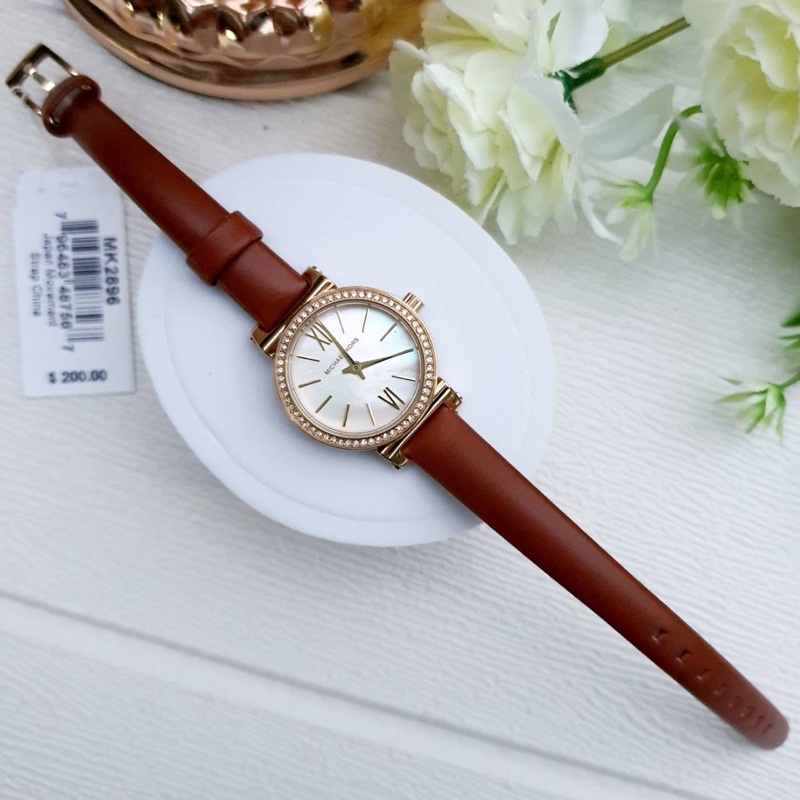 ผ่อน0-นาฬิกา-michael-kors-mk2896-womens-petite-sofie-two-hand-luggage-leather-watch-หน้าปัด-26มม-สายหนังสีน้ำตาล