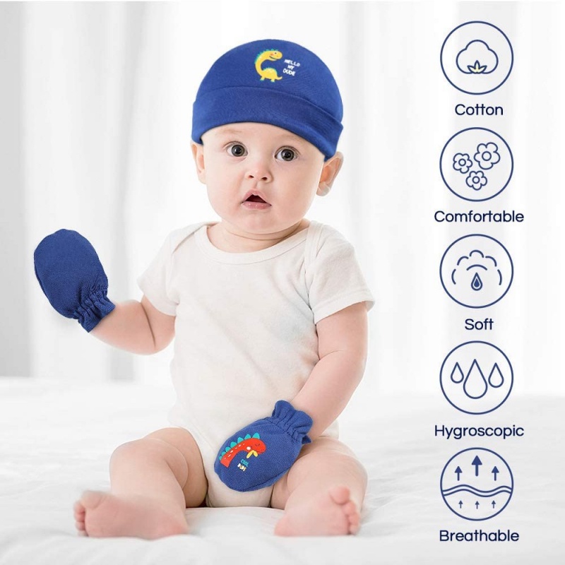 kiddiezoom-ชุด-5-ชิ้น-หมวก-ถุงมือ-ทารก-ป้องกันการเกาหน้า-ผ้าฝ้ายบริสุทธิ์-เด็กผู้ชาย-เด็กแรกเกิด-0-6-เดือน-เด็กวัยหัดเดิน-สีทึบ-หมวกทารกในครรภ์