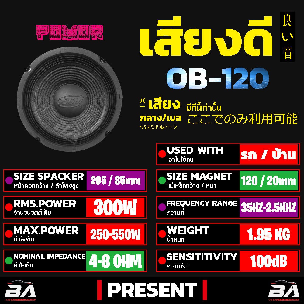 ba-sound-ดอกลำโพง-8-นิ้ว-300วัตต์-ขอบแข็ง-obom-ob-120-8ohm-ลำโพงเสียงกลาง-8-นิ้ว-ลำโพงติดรถยนต์-ลำโพงเครื่องเสียงบ้าน