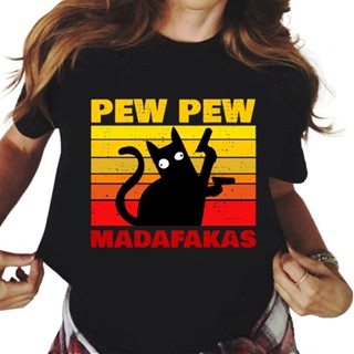 เสื้อยืดเด็กผช ผู้หญิงเสื้อยืด Pew pew Madafakas พิมพ์ tshirts น่ารักสีดําแมวทีเสื้อผู้ชายฤดูร้อนเสื้อยืดแขนสั้นสําหรับผ