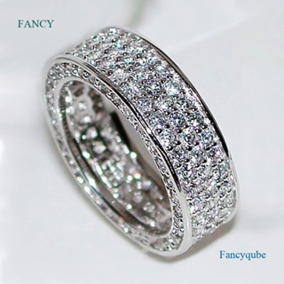 Fancy แหวนเพชร เพทาย ทรงกลม หลายแถว เรียบง่าย แวววาว เครื่องประดับแฟชั่น สําหรับผู้หญิง งานแต่งงาน