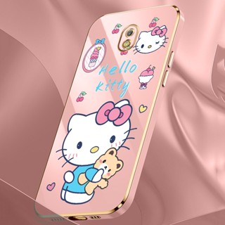 เคส Samsung Galaxy J7 Pro 2017 J730 J2 Prime On7 2016 J4 Core J6 Plus 2018 การ์ตูน Hello Kitty หรูหรา ชุบบางเฉียบ เคสโทรศัพท์ สี่เหลี่ยม กันกระแทก เคสด้านหลัง พร้อมสายคล้อง