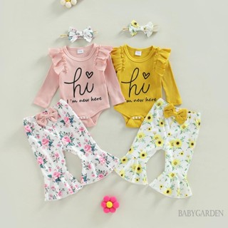 Babygarden-0-18months ชุดรอมเปอร์แขนยาว พิมพ์ลายตัวอักษร และกางเกงลายดอกไม้ และโบว์คาดศีรษะ สําหรับเด็กผู้หญิง