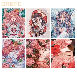 Drofe 【40*50 ซม.】ภาพวาดสีน้ํามัน ตามตัวเลข รูปการ์ตูนผู้หญิง ดอกไม้ บนผ้าใบ สําหรับตกแต่งผนังบ้าน DIY