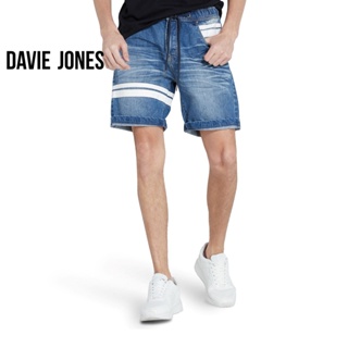 สินค้า DAVIE JONES กางเกงขาสั้น ผู้ชาย เอวยางยืด สีฟ้า คาดหนัง Elasticated Shorts in blue SH0025NV