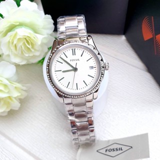 (ผ่อน0%) นาฬิกา Fossil BQ3373 Adalyn Three-Hand Stainless Steel Watch สแตนเลสสีเงิน หน้าปัดกลม ล้อมคริสตัล 34 มม.