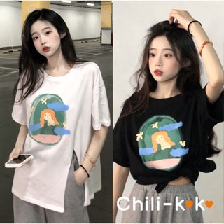 Chili_k❤️k❤️ 2368# เสื้อยืดสาวอวบ เสื้อโอเวอร์ไซส์ผู้หญิง เสื้อยืดคอกลม เสื้อคอกลมผู้หญิง ผ่าข้าง ผ้ายืดนิ่ม