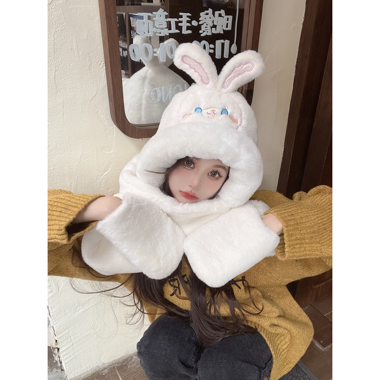 เวอร์ชั่นเกาหลี-น่ารัก-หูกระต่าย-ยาว-มีฮู้ด-ผ้าพันคอ-เด็ก-one-piece-ผู้หญิง-ถุงมือฤดูหนาว-ผ้ากํามะหยี่ขนนิ่ม-อบอุ่น-ชุดสามชิ้น